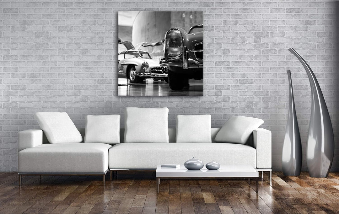 deyoli Oldtimer Ausstellung Format: 70x70 Effekt: Schwarz&Weiss als Leinwandbild, Motiv fertig gerah