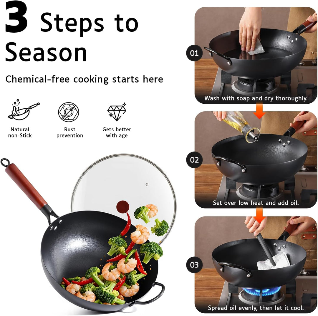 Kordisen 32 cm Wok aus Kohlenstoffstahl mit Deckel, flacher Boden, natürlich antihaftbeschichtet, ge