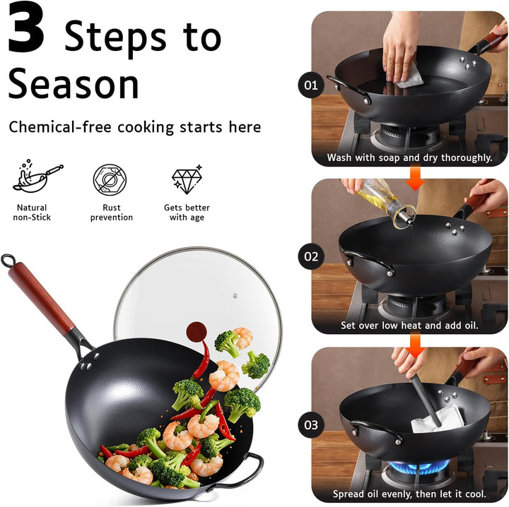 Kordisen 32 cm Wok aus Kohlenstoffstahl mit Deckel, flacher Boden, natürlich antihaftbeschichtet, ge