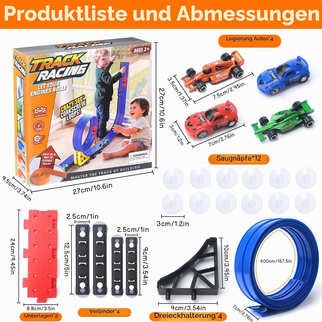 4M Flexible Autorennbahn Kinder,Dual Rennstrecke Rampen inkl 4 Spielzeugauto,Soft Rennbahn Spielzeug