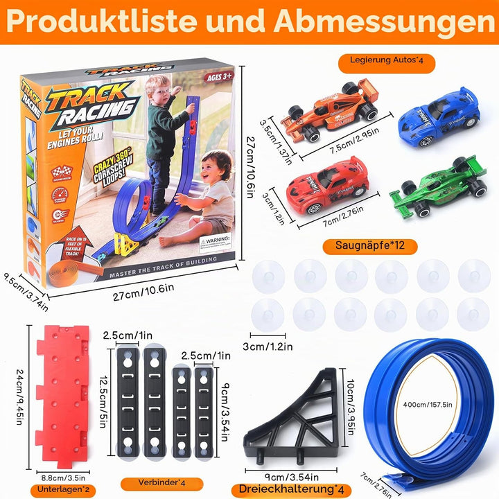 4M Flexible Autorennbahn Kinder,Dual Rennstrecke Rampen inkl 4 Spielzeugauto,Soft Rennbahn Spielzeug