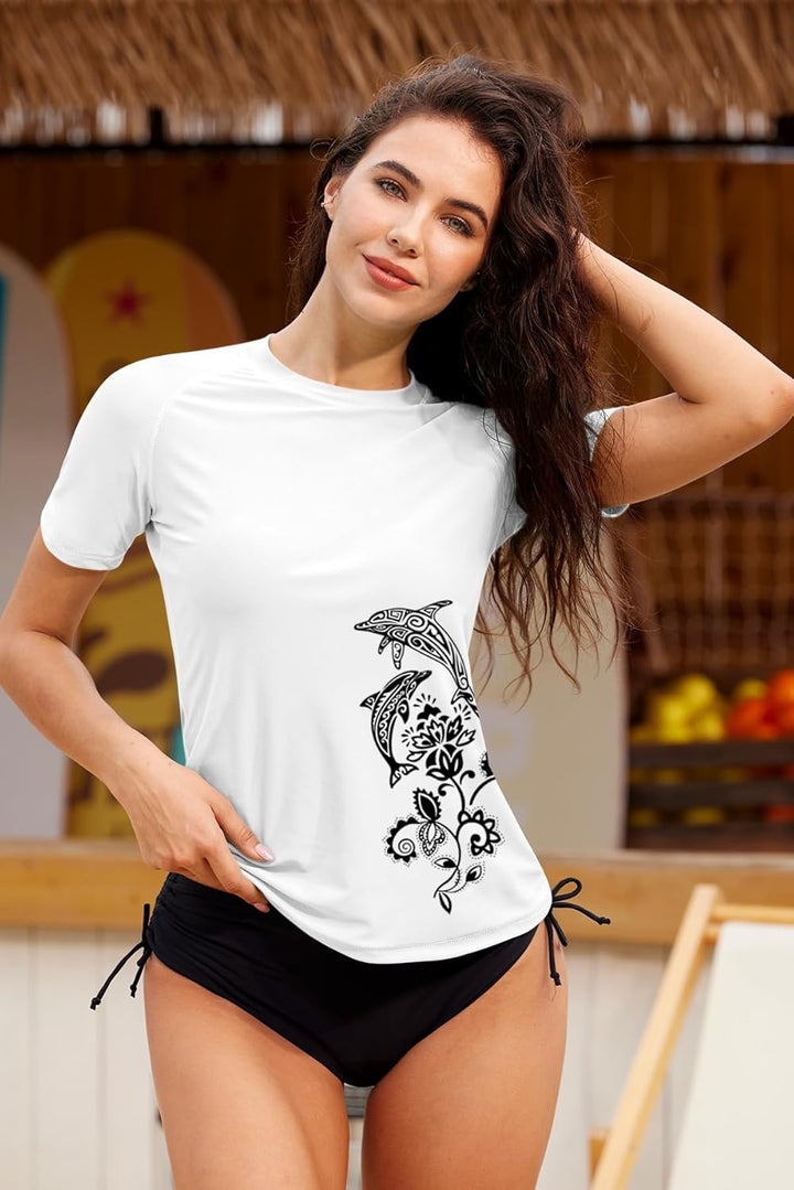 BesserBay Schwimmshirt Damen Kurzarm UV Shirt UPF 50+ Rashguard Women Rundhals Schnelltrocknend Bade