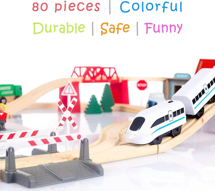 Green series Holzeisenbahn Set für Kinder - Eisenbahn Holz | Spielzeug Zug | Polizeistation, Autobah