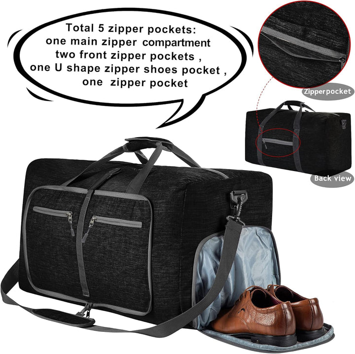 Vomgomfom Leichte Faltbare Reisetasche Gross 65L Sporttasche Damen Herren mit Schuhfach, Travel Duff