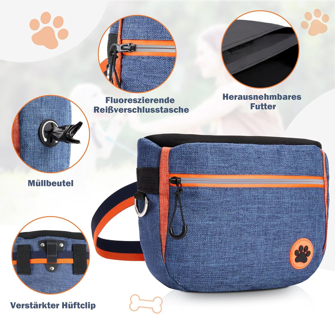 Leckerlitasche für Hunde mit wasserdichte Reflektorstreifen, Bauchtasche Hundetraining mit Metallsch
