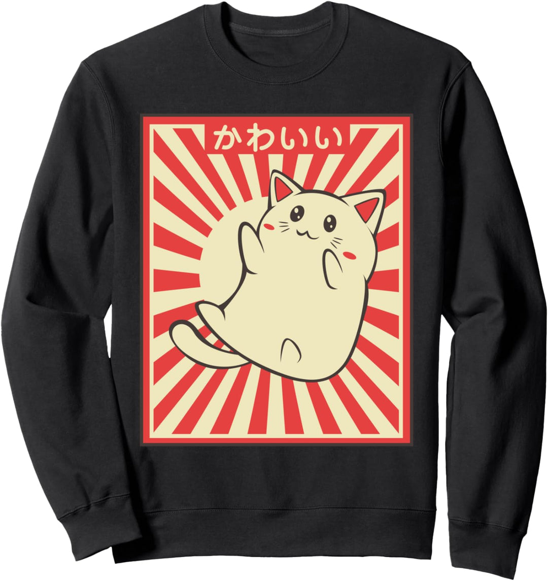 Vintage Retro Japanische Katze Kawaii Niedlich Tier Kanji Sweatshirt