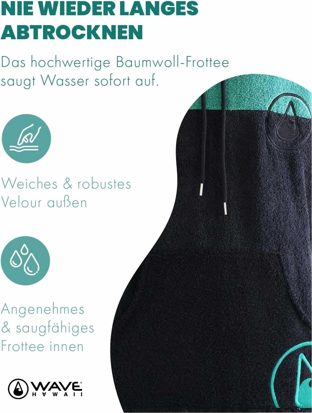 WAVE HAWAII Poncho Aveiro Surfponcho 100% Baumwolle für Körpergrössen von 170-200 cm Umkleidehilfe f