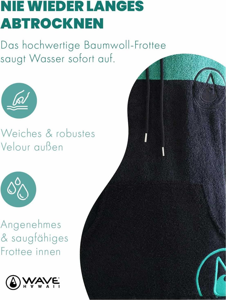 WAVE HAWAII Poncho Aveiro Surfponcho 100% Baumwolle für Körpergrössen von 170-200 cm Umkleidehilfe f