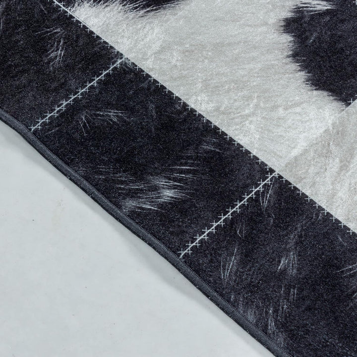 Waschbarer Teppich, Didigitaldruck Patchwork Felloptik, Rechteckig, Creme - Schwarz Farbe, Flachgewe
