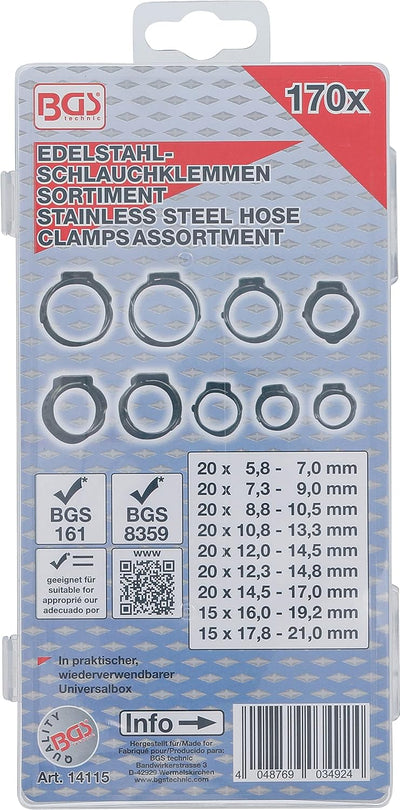 BGS 14115 | Edelstahl-Schlauchklemmen-Sortiment | 170-tlg. | Ø 5,8 - 21 mm | inkl. Sortimentskasten