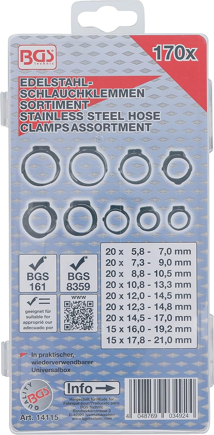 BGS 14115 | Edelstahl-Schlauchklemmen-Sortiment | 170-tlg. | Ø 5,8 - 21 mm | inkl. Sortimentskasten