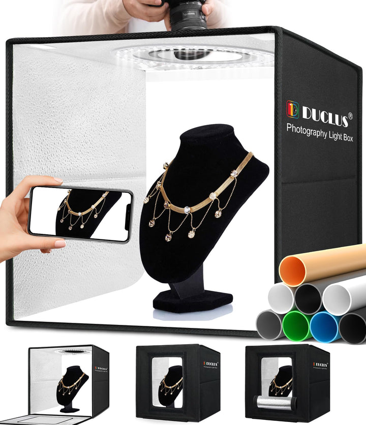 DUCLUS Fotobox 40x40 cm Faltbare Fotostudio, 5500K Dimmbare Lichtzelt Set mit 160 LED Beleuchtung un