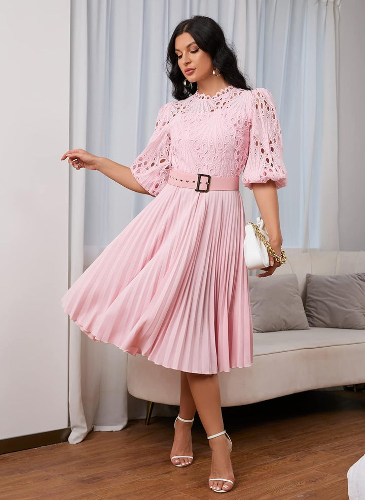 Spitzenkleid, plissiert, Puffärmel, wadenlang, kurze Ärmel, Midi-Kleid, hohles Party-Abendkleid M Ro