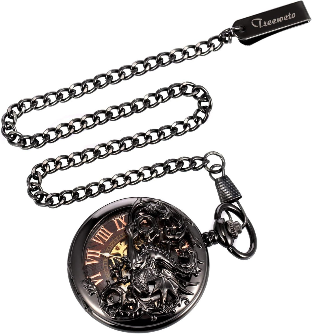TREEWETO Antike Drache Mechanische Skelett-Taschenuhr mit Kette 5. Bronzebraun, 5. Bronzebraun