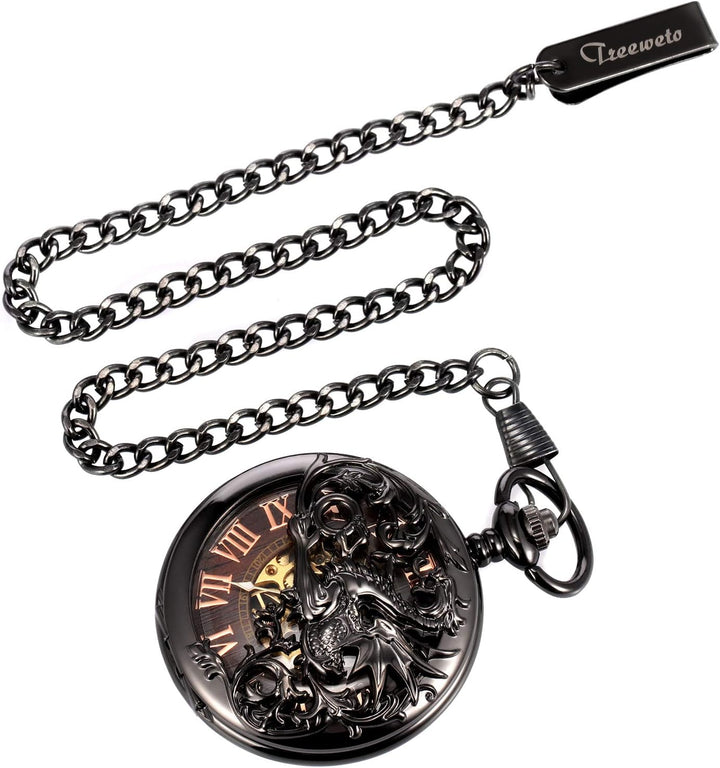 TREEWETO Antike Drache Mechanische Skelett-Taschenuhr mit Kette 5. Bronzebraun, 5. Bronzebraun