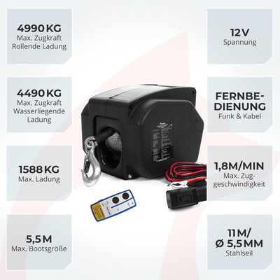 ROTFUCHS Elektrische Seilwinde 12v für Bootstrailer mit Funkfernbedienung – 4990 Kg Zugkraft, Bootsw