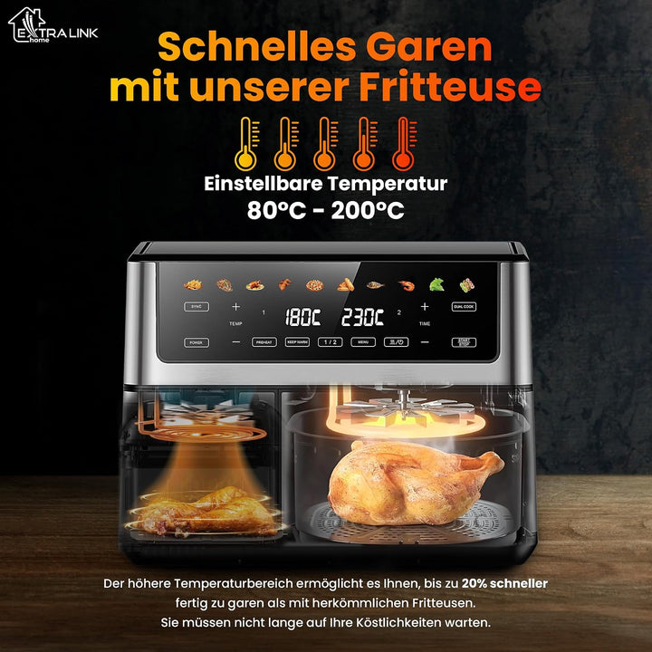 Extralink Heissluftfritteuse 2 Kammern 10L (6L+3.5L) – 2500W Doppelkammer Airfryer mit 8 Kochprogram