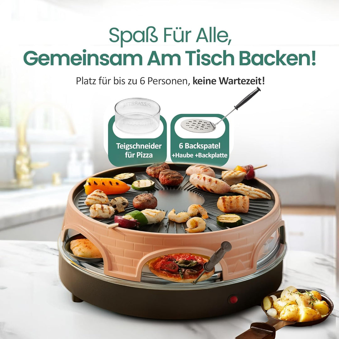 Emerio Pizzaofen, PIZZARETTE das Original, 3 in 1 Pizza-Raclette-Grill, patentiertes Design, für Min