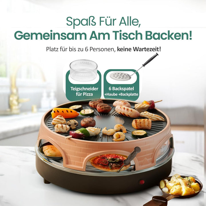 Emerio Pizzaofen, PIZZARETTE das Original, 3 in 1 Pizza-Raclette-Grill, patentiertes Design, für Min
