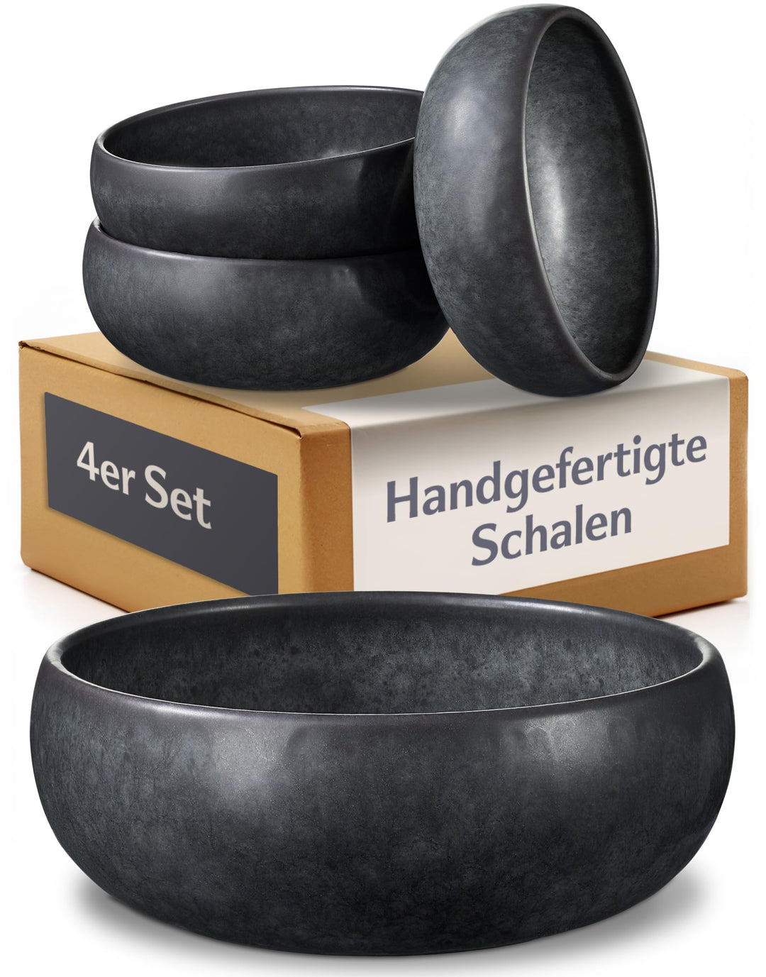 Cosumy 4 Tiefe Teller aus Steingut 750 ml – Handgefertigte Geschirrset Schwarz – Geschirr Set Modern
