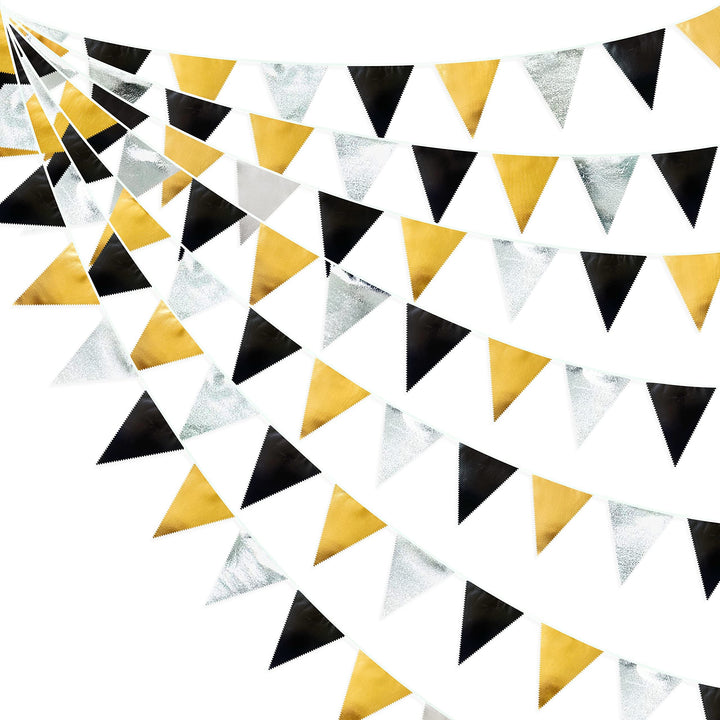 32Ft Schwarz Gold Silber Stoff Dreieck Banner Flagge Doppelseitig Metallic Holographische Wimpel Gir