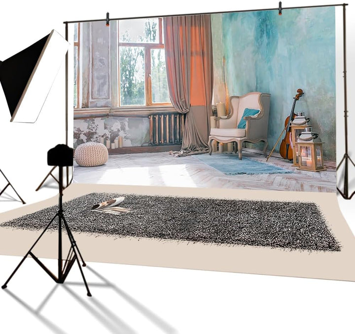 YongFoto 3x2m Vinyl Foto Hintergrund Indoor Szene Fenster Vorhang Geige Sofa Blau gemalte Wand Fotog