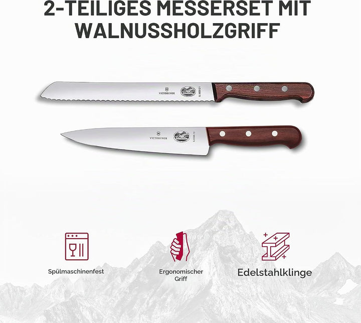 Victorinox Wood Küchengarnitur, Messer Set 2-teilig, Brotmesser, Tranchiermesser, Extra Scharf, Edle