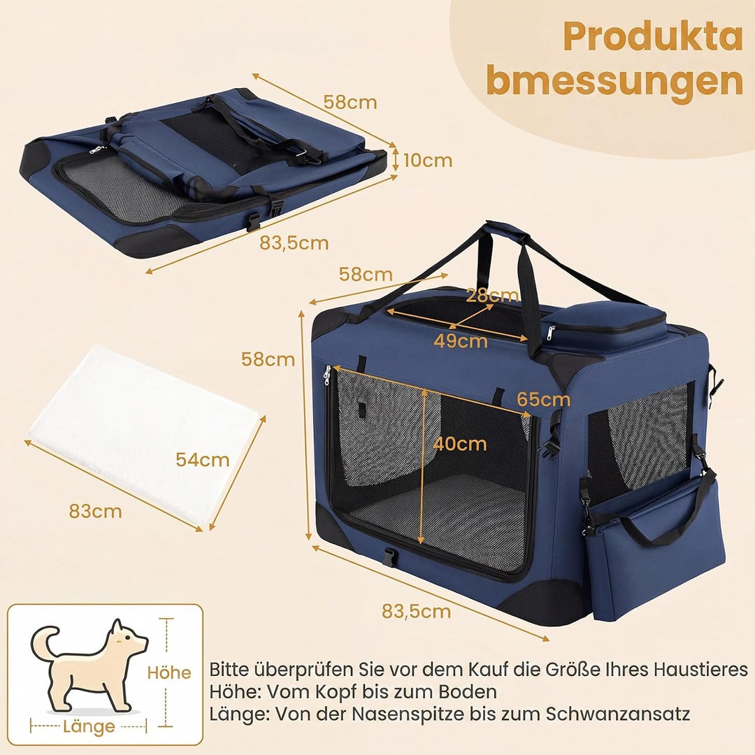 COSTWAY Hundebox Auto, Transportbox Hund faltbar (L-83,5 x 58 x 58 cm,Blau) | Hundetransportbox mit