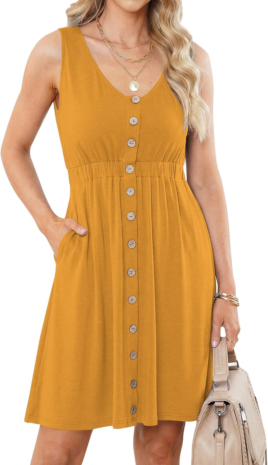AUSELILY Sommerkleid Damen Ärmellos V-Ausschnitt Minikeid Casual Button Down Strandkleid mit Taschen