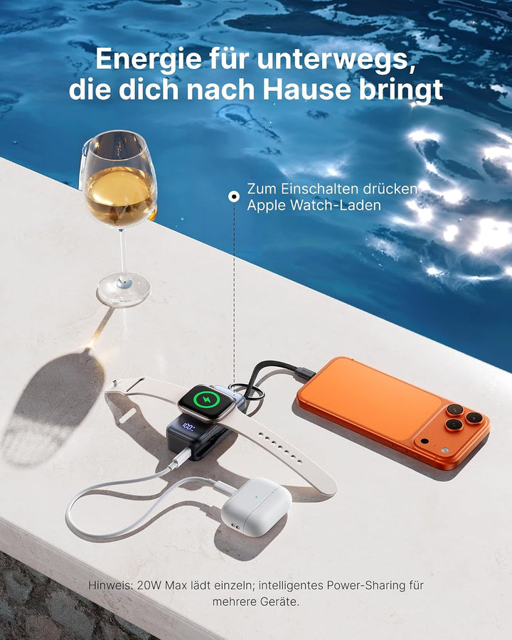 INIU Power Bank, 5000mAh 20W PD mini Powerbank mit Integriertes USB-C Kabel, Zubehör für Apple Watch