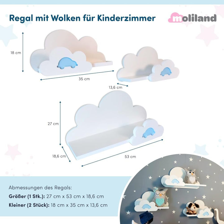 3er Set Wandregal Kinderzimmer Weiss | Babyzimmer Wolkenregal für Bücher, Spielzeug und Dekoration |