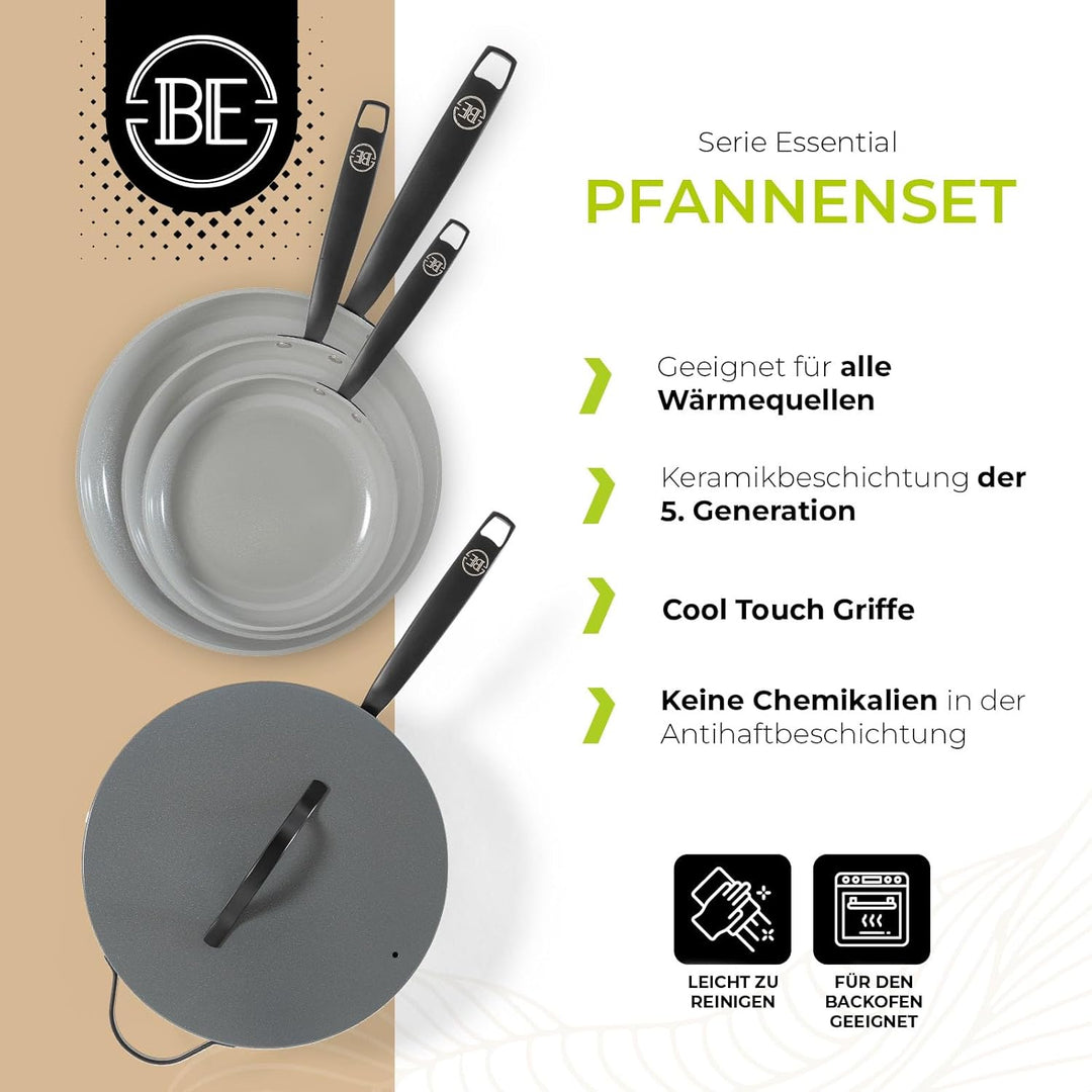 Be Living Essential Pfannenset 4-teilig, Bratpfanne 20/24/28 cm + Wokpfanne 28 cm mit Deckel, Non St