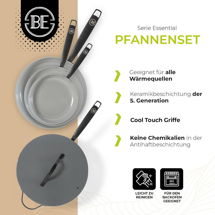 Be Living Essential Pfannenset 4-teilig, Bratpfanne 20/24/28 cm + Wokpfanne 28 cm mit Deckel, Non St