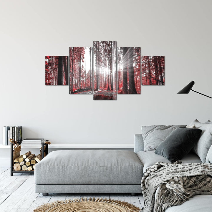 Runa Art Bild Schlafzimmer Wohnzimmer Wald Landschaft 5 Teilig Sonne Rot Wandbilder auf Vlies Leinwa