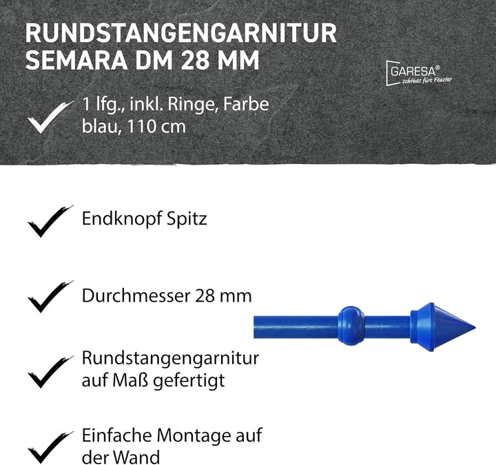 Garesa Gardinenstange Semara Ø 28mm, 1-läufig, Blau I Stabile Vorhangstange inkl. Ringe + Faltenlege