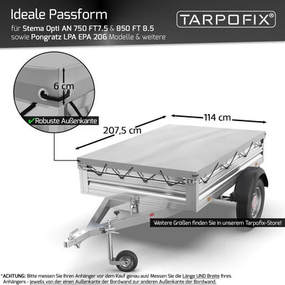 Tarpofix® Anhängerplane Flachplane 2075x1140x100 mm inkl. Planenseil - ECHTES PVC PLANENMATERIAL - E