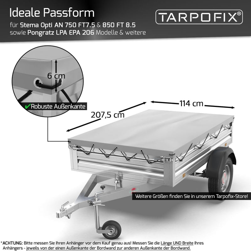 Tarpofix® Anhängerplane Flachplane 2075x1140x100 mm inkl. Planenseil - ECHTES PVC PLANENMATERIAL - E