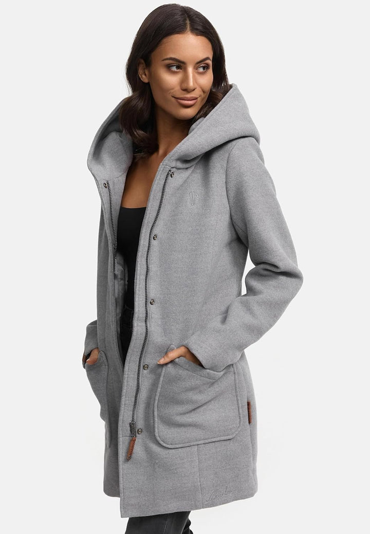 MARIKOO Damen Mantel in Wollmantel-Optik Warmer Trenchcoat mit Kapuze Maikoo XS-5XL L Grau, L Grau
