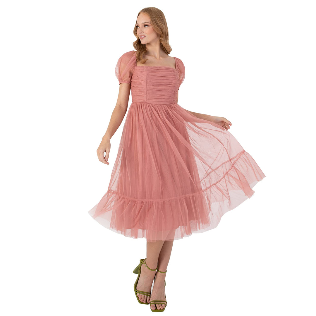 Anaya with Love Damen Ladies Midi Dress Women Short Puffed Sleeve Square Neck Frilly for Wedding Gue