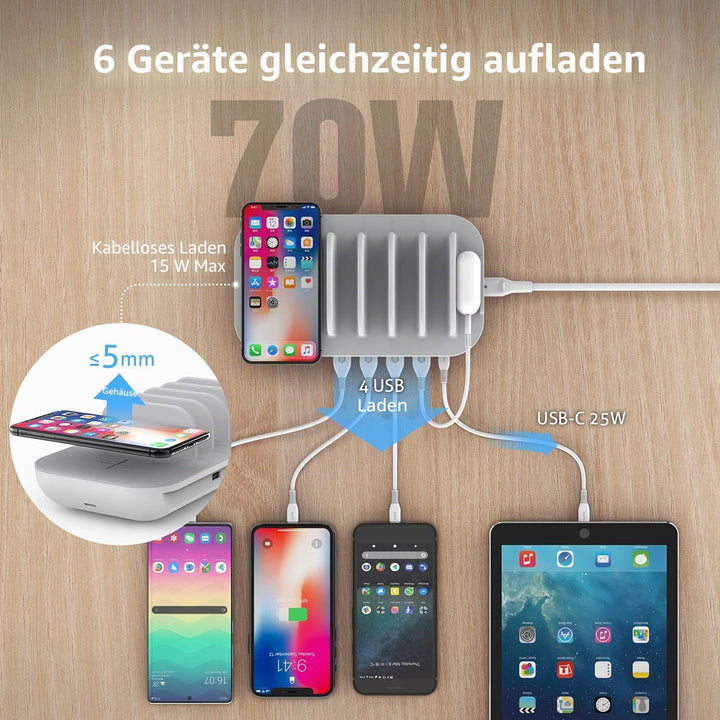SooPii 70W Ladestation für mehrere Geräte, 5 Port Ladestation mit 15W Wireless Charger, 25W USB C PD