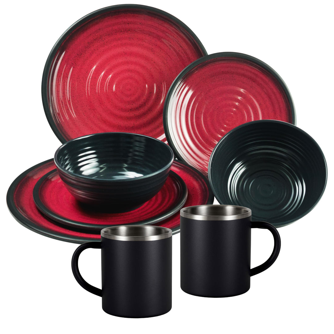 Melamin Geschirr Set Rot Schwarz mit Edelstahl Thermo Tassen doppelwandig - Tonoptik Essgeschirr - C