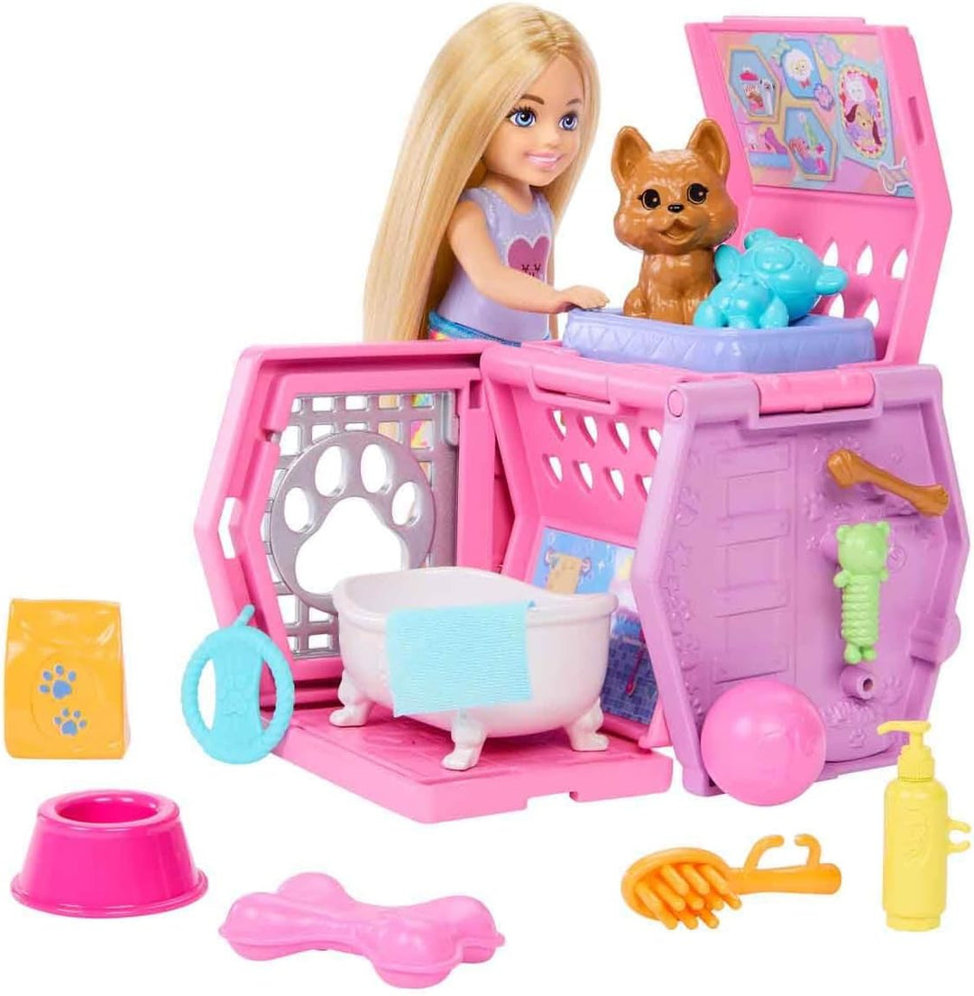 Barbie Chelsea Welpentrage-Spielset, kleine Blonde Puppe und Zubehör, Transportbox, mit Spielzeug fü