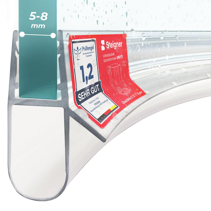 STEIGNER Duschdichtung, 120cm, Glasstärke 5/6/ 7/8 mm, Vorgebogene PVC Ersatzdichtung für Runddusche