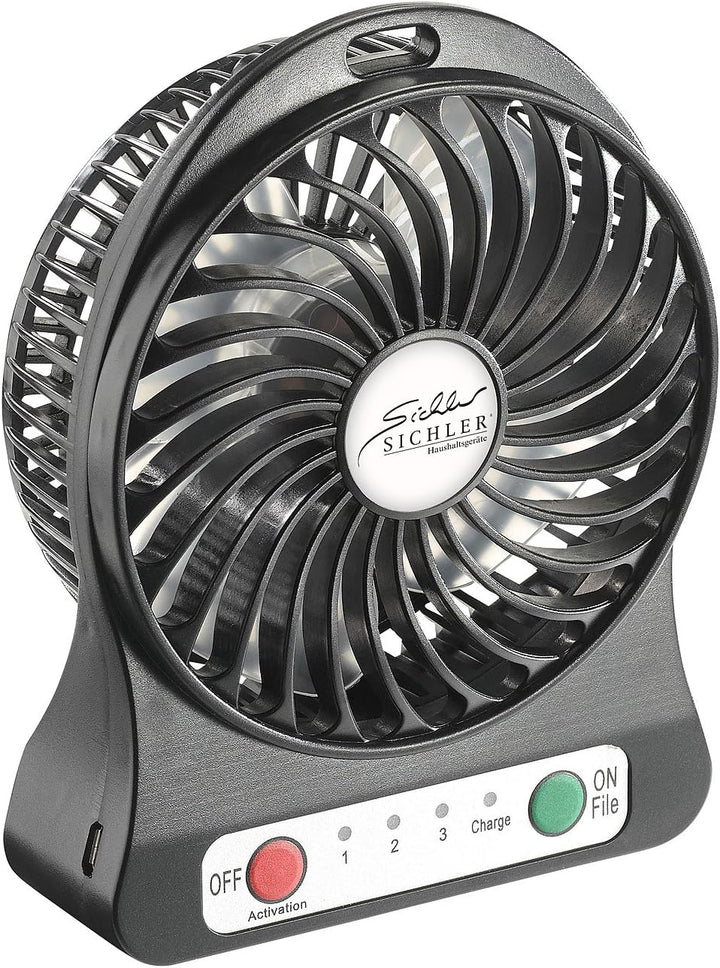 Sichler Haushaltsgeräte Ventilator mit Batterie: 3in1-Akku-Tisch-Ventilator mit Powerbank-Funktion &