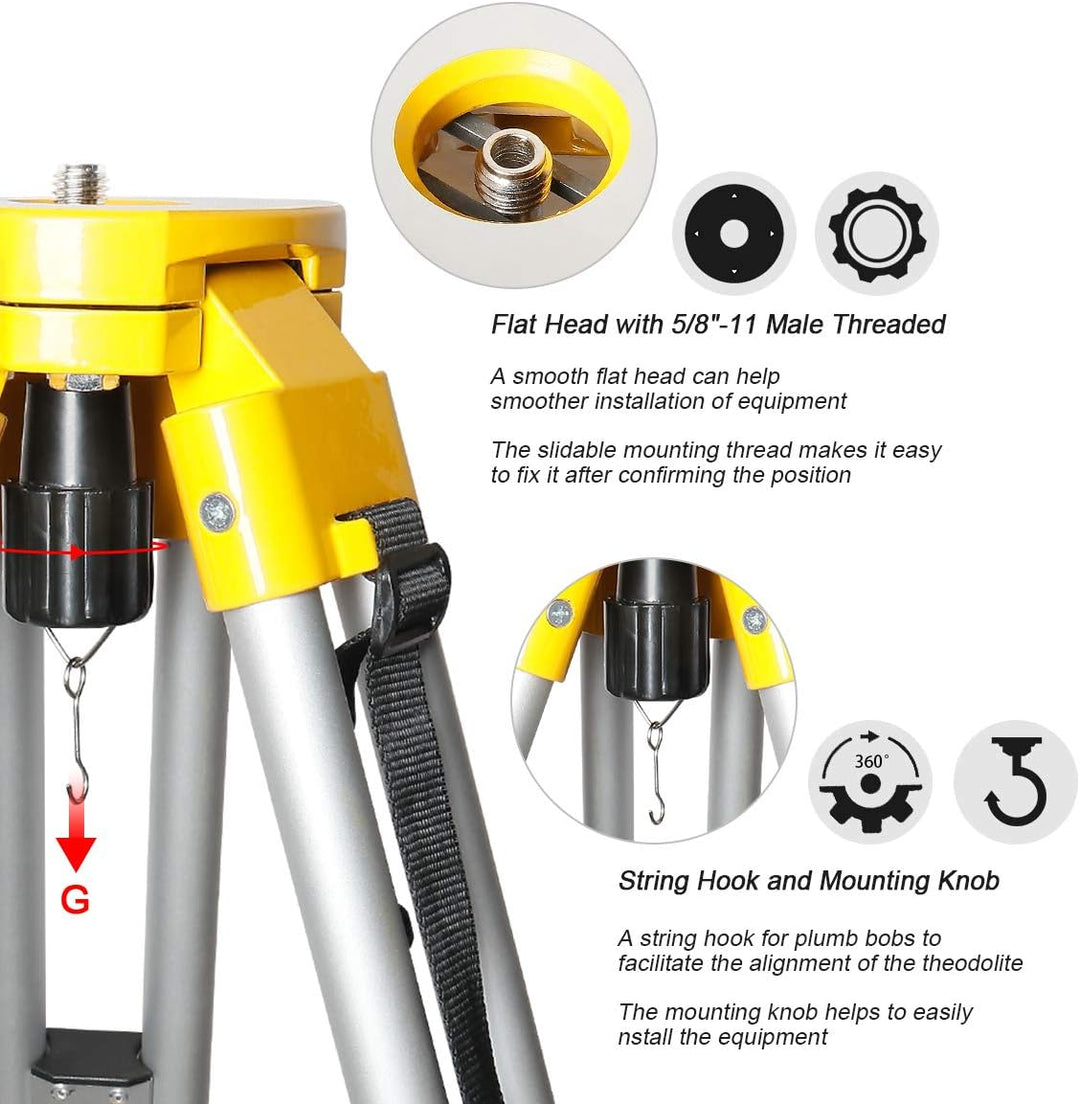Huepar Professional Baustativ Nivellierstativ 1,65m mit 5/8"-11 Aussengewinde, Flachkopf Aluminiumst