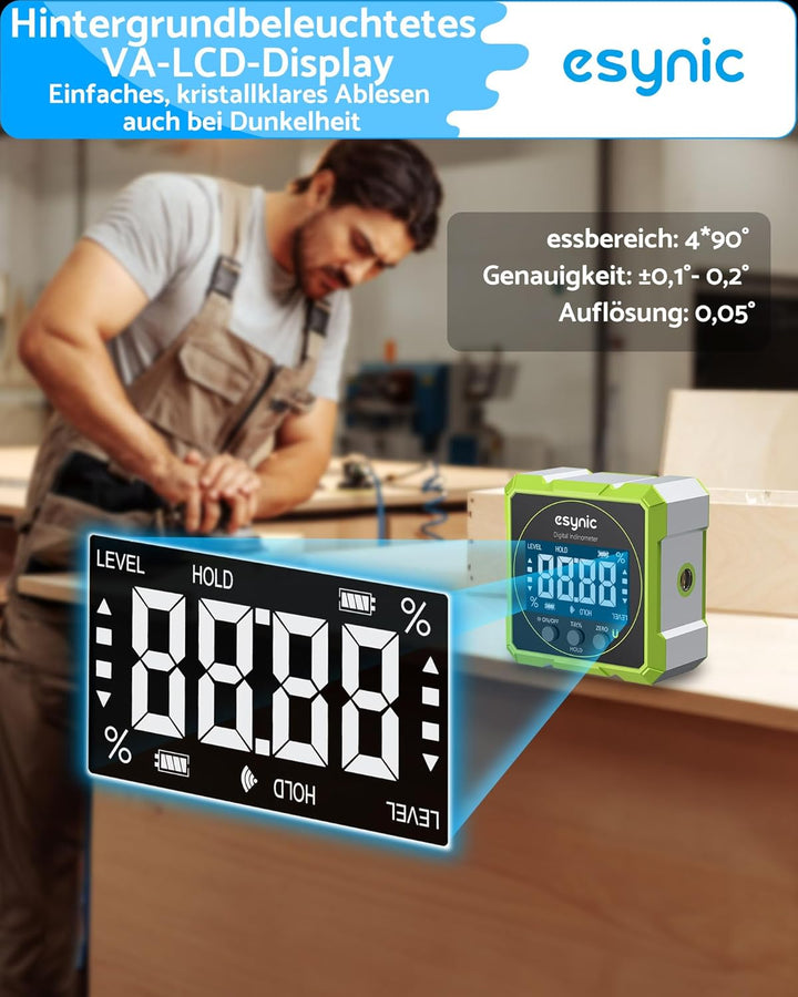eSynic Digitaler Winkelmesser Neigungsmesser grüner Laser Wasserwaage mit LCD-VA Display 4-Seitiges