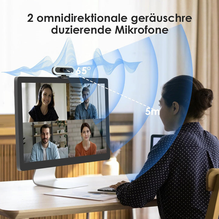 VIZOLINK W4LS Webcam HD 2K/1080P mit Ring-Beleuchtung, Autofokus, Klarer Stereo-Mikrofone, Lichtkorr