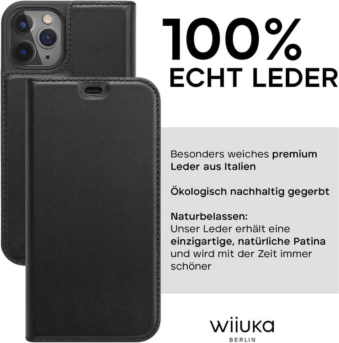 WIIUKA Hülle für iPhone 12 Pro Max, Lederhülle mit Kartenfach, extra Dünn, Premium Leder, Handyhülle
