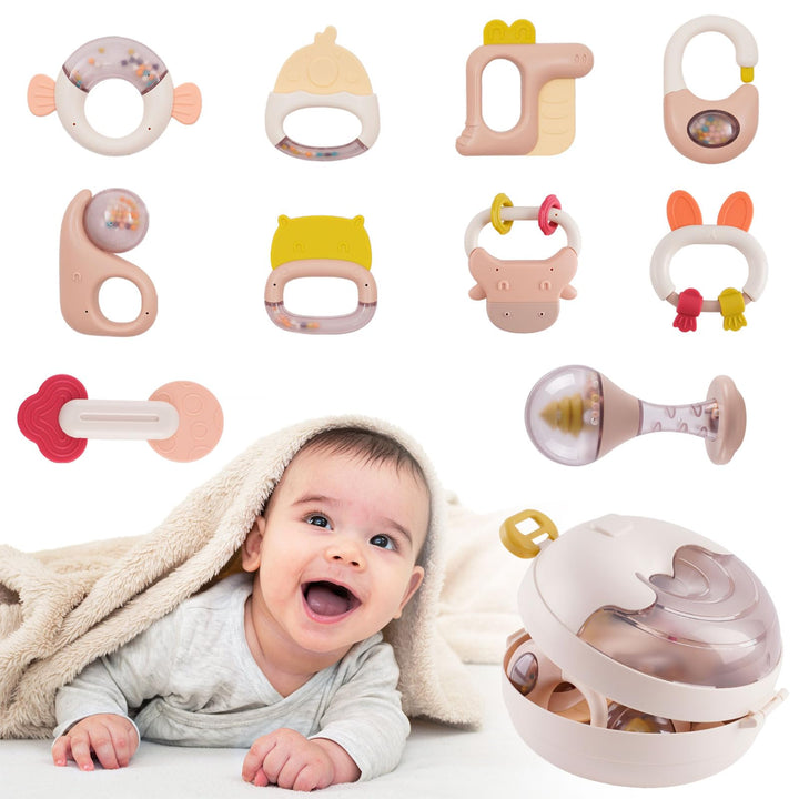 Rassel Beissring Set, 10PCs BPA_frei Silikon Baby Spielzeug, Rasseln Beissring für Babys 0-9 Monate,