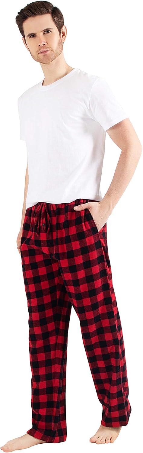 Herren 100% Baumwolle Flanell Bequeme Pyjama/Lounge Bottoms mit Taschen S Black Red Check, S Black R